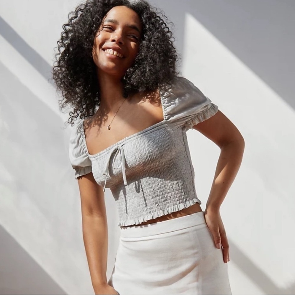 Aritzia Gray Smocked Crop Top with Tie Front